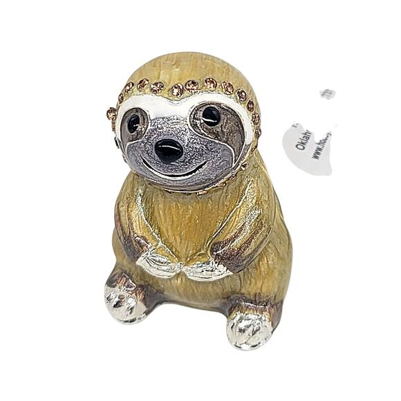 NEW Sloth Enamel Jeweled Magnetic Hinged Trinket Jewelry Box Gold Tan 2.36" NWT - Picture 1 of 7